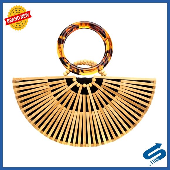 Handbags - Small Bamboo Tote Bag with Acrylic Handles, Eco-Friendly Summer Beach Purse